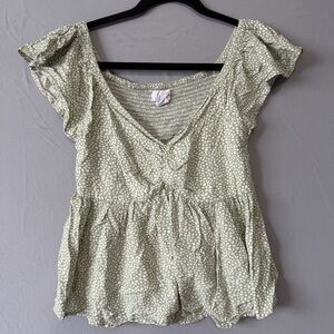 Japna Womens Babydoll Flutter Sleeve Top Size M Green Smocked Flowy Boho Chic